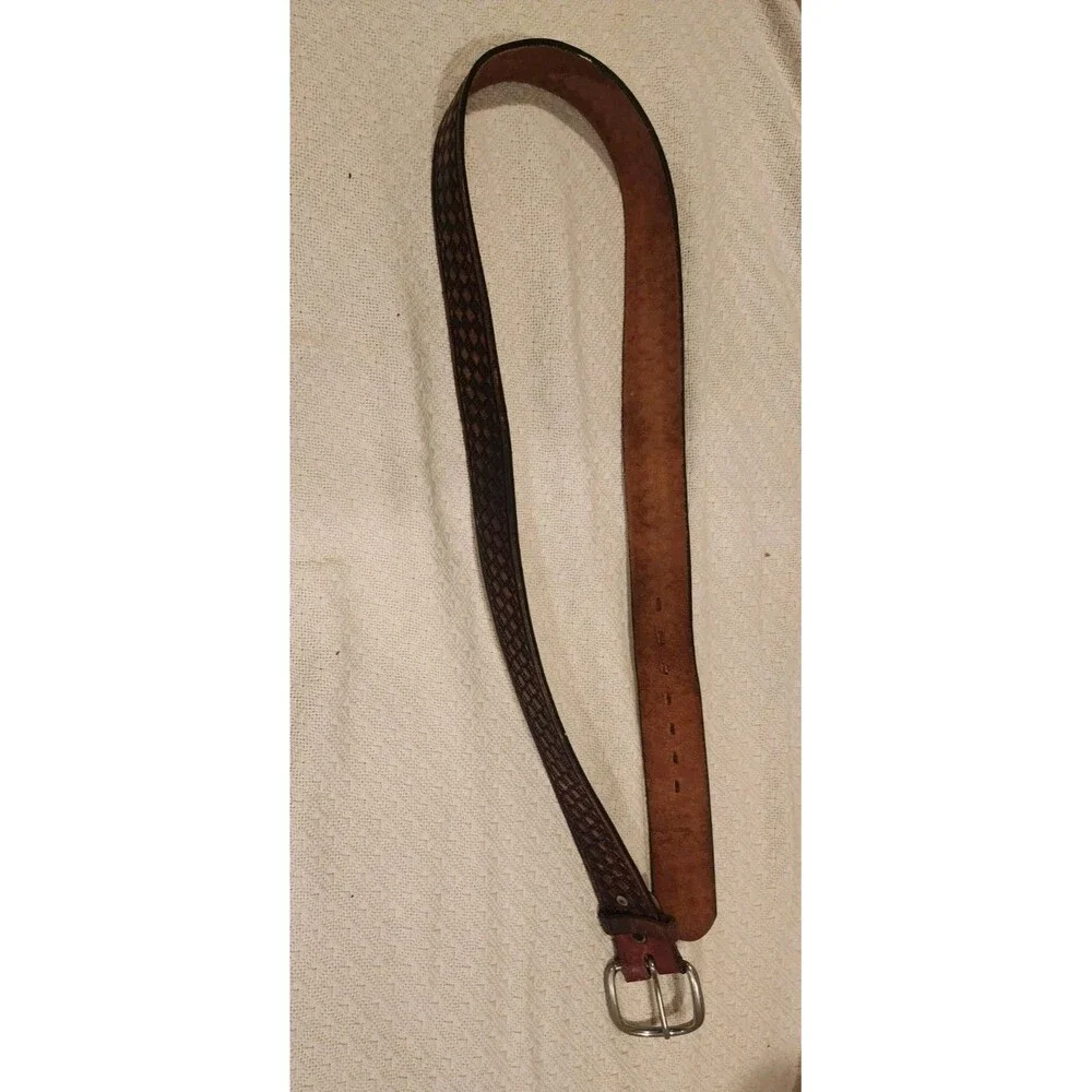 Brown Leather Belt Basket Weave Pattern Silver Buckle Good Usable Men 37